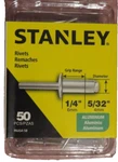 Stanley Aluminum Pop Rivets 5/32" Dia. 1/4" Grip Range Blind Pack Of 50 New. Fixed Price $6.99.