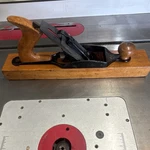 Stanley Pat. Apl 19 92 Bench Plane Steel Blade Brown Black Wood Metal Handle. Fixed Price $37.00.