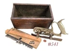 Stanley 50 Light Plow Plane Cutters Irons Chestnut Wood Box. Fixed Price $185.00.
