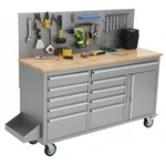 61 Inch Mobile Workstation, 10 Drawer Tool Chest, Power Strip, Rubber Wood Top. Fixed Price $807.49.