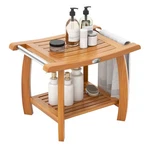 Teak Shower Bench 2-TIER Wooden Stool With Curved Seat Handles. Fixed Price $64.99.