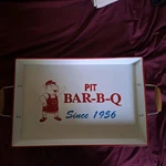 Vintage Styled Food Tray Pit Bar-b-q Since 1956 With Wood Handles Metal. Fixed Price $34.99.
